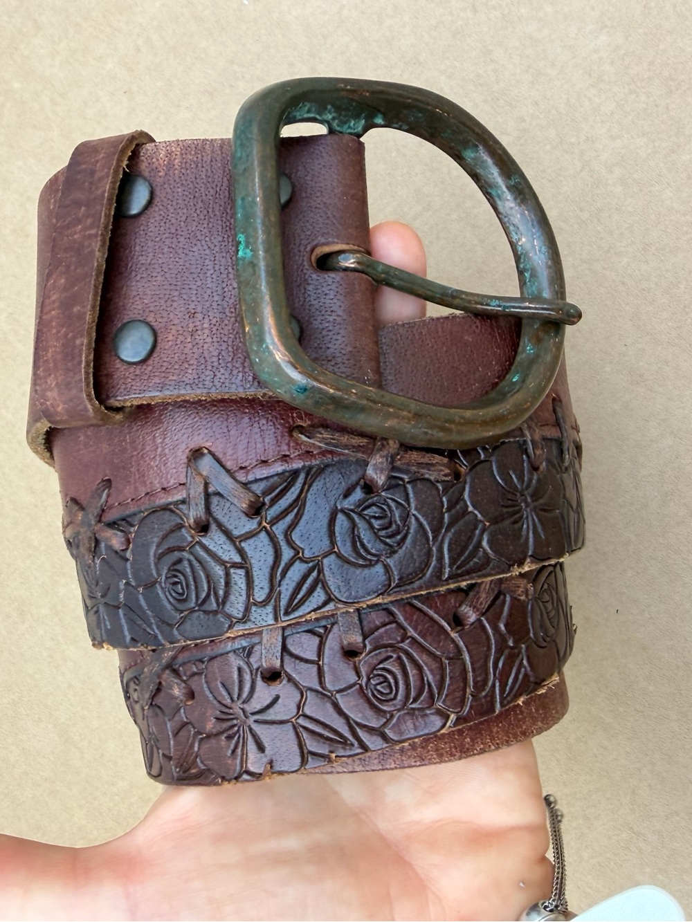 Vintage Y2K Abercrombie & Fitch Genuine Leather Wide Belt Floral Boho Size M